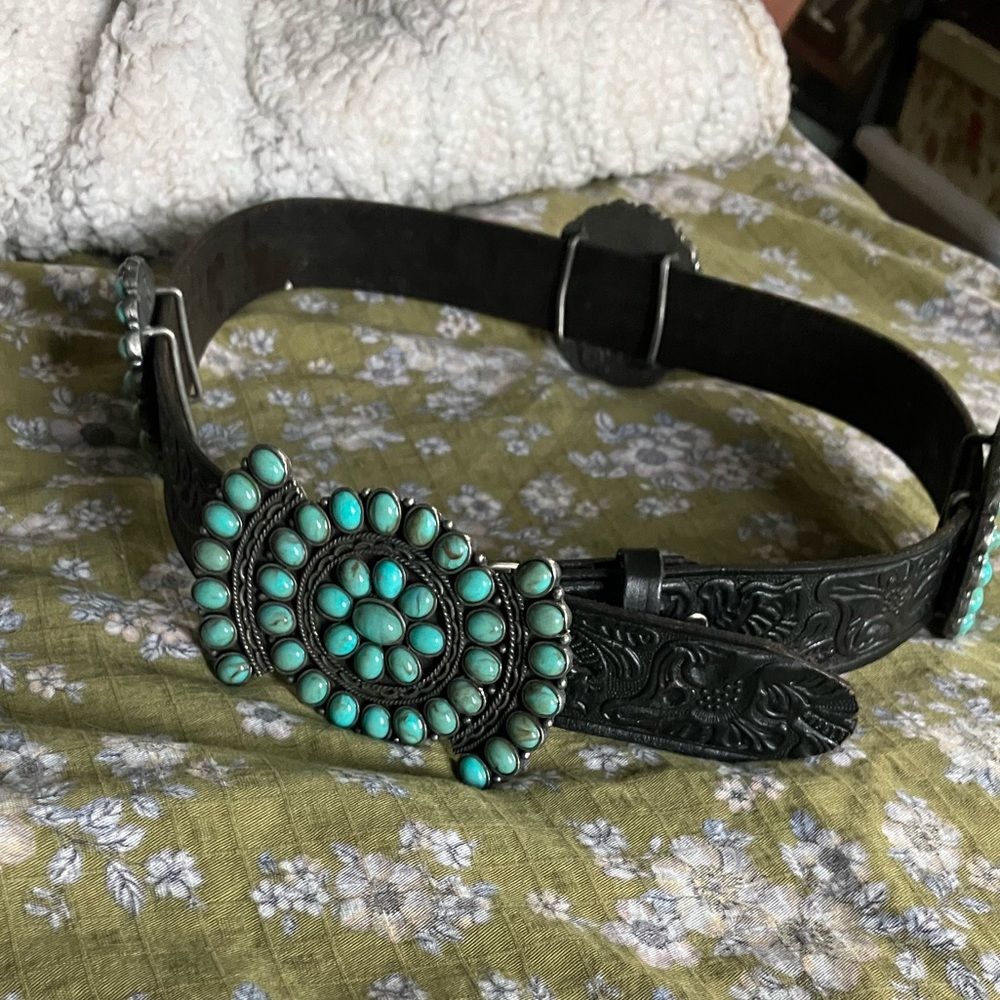 Double Ranch Tooled Black belt & turquoise (imitation)